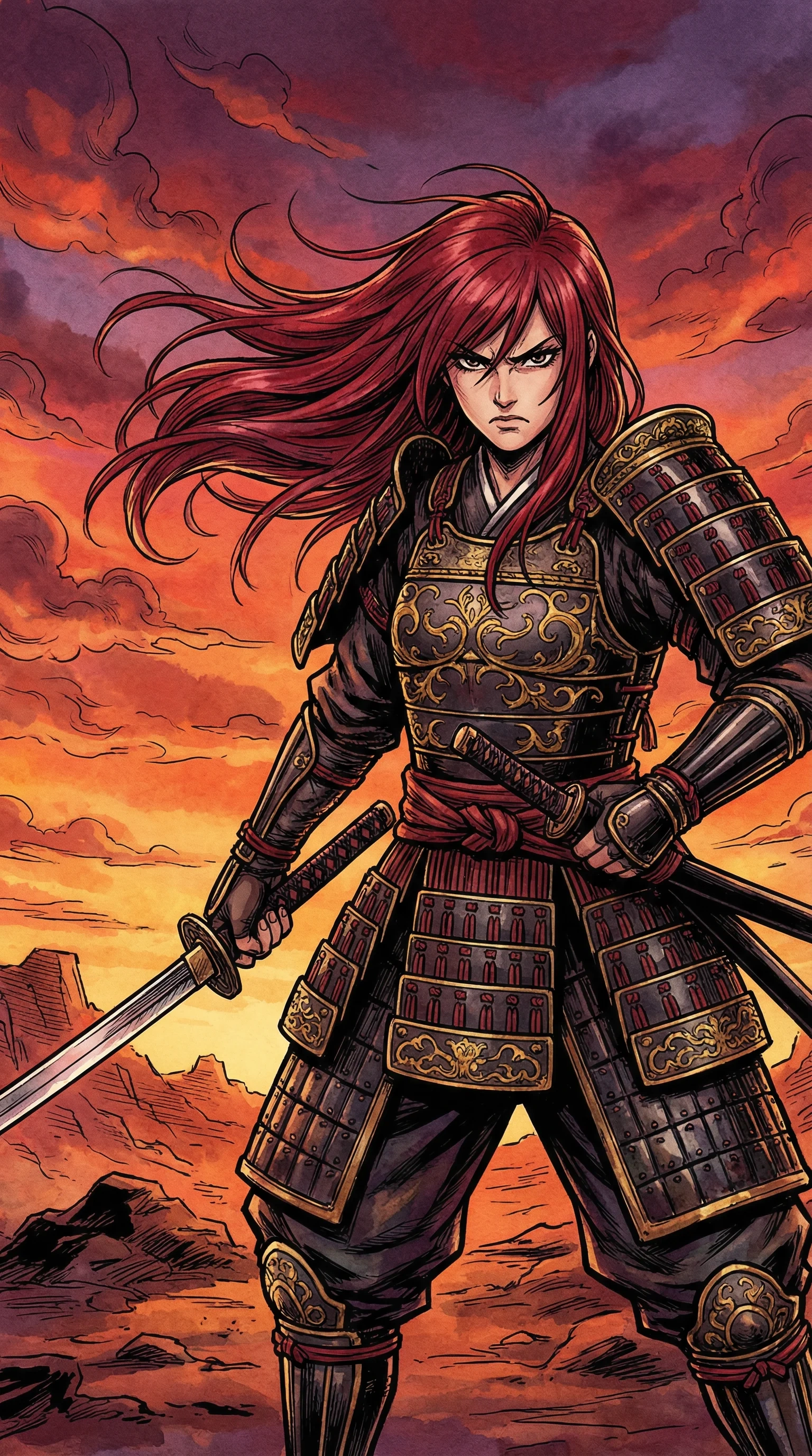烈焰武姬漫画封面红发女武士持刀夕阳背景